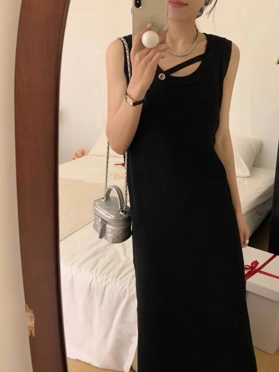 針織無袖條紋連衣裙長款女年夏季新款韓版寬鬆顯瘦直筒背心裙