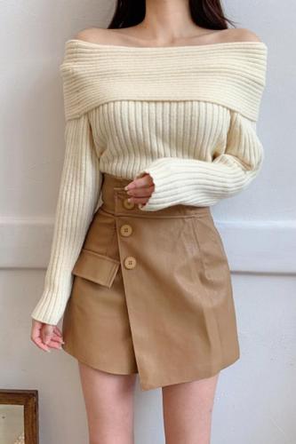 Real photo of one-length solid color off-shoulder sweater annual meeting dress Japanese and Korean pure slim fit sexy pullover sweater women