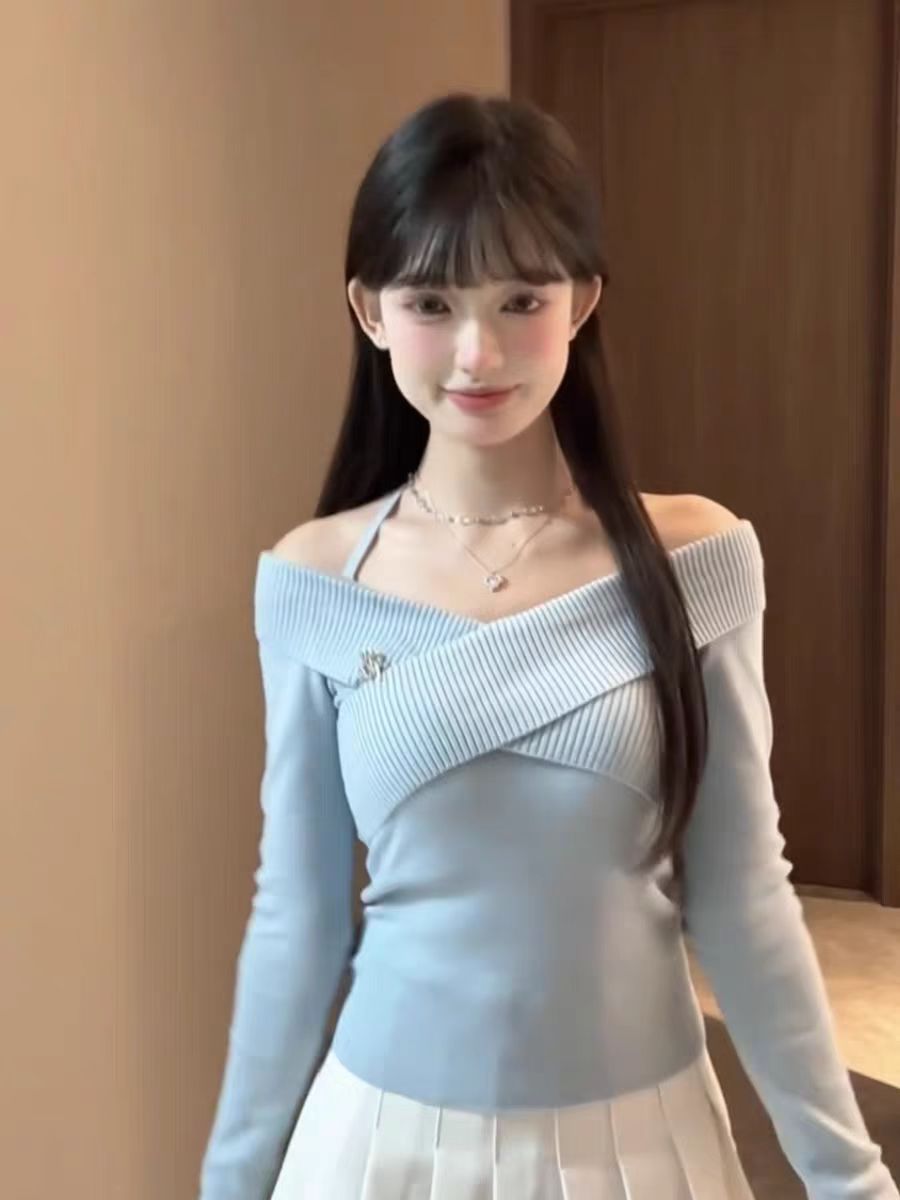 春季一字肩掛脖針織衫女春秋設計感小眾交叉修身顯瘦短款上衣