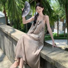 國風印花大碼寬鬆假兩件吊帶裙子女gao級感時mao洋氣度假風連衣裙