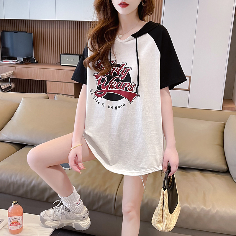 實拍2025夏季100%純棉中長款撞色拼接連帽短袖T恤女