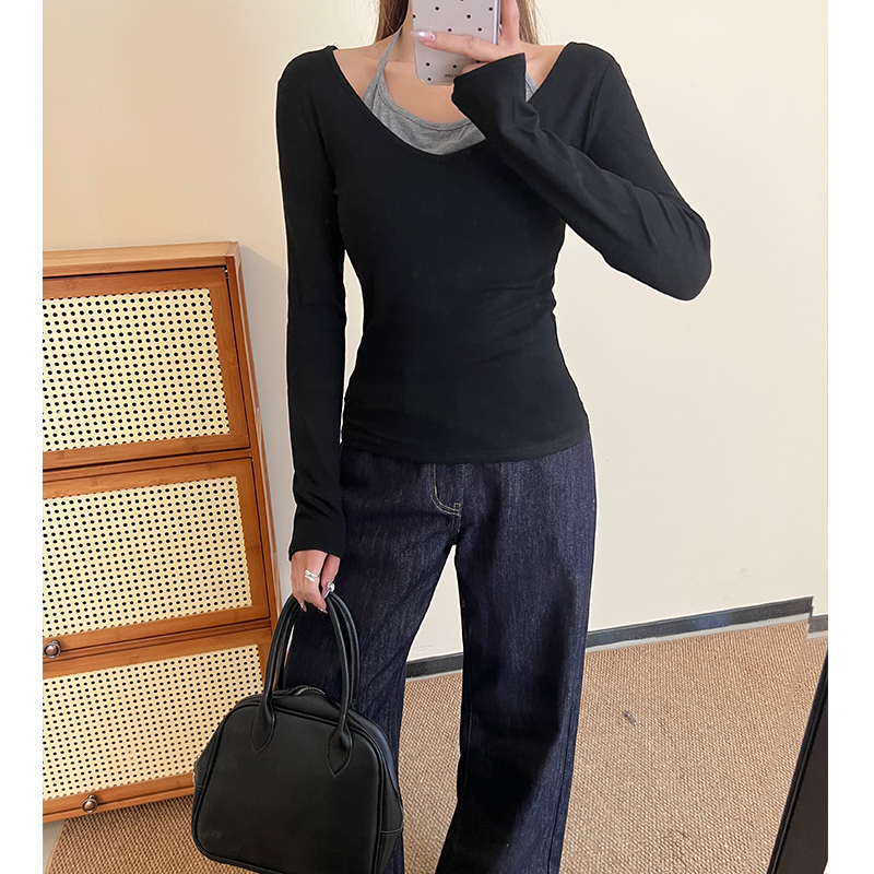 Real shot #Hanging neck fake two-piece spliced ​​top for women in spring high-end temperament base shirt front shoulder long sleeve T-shirt