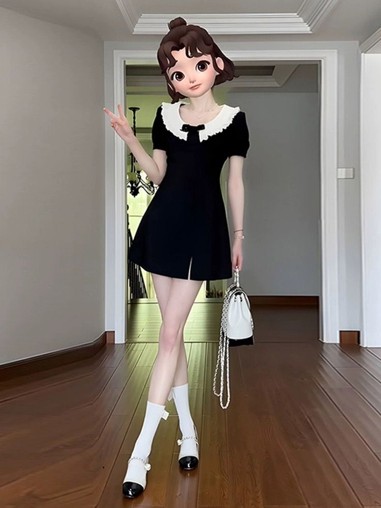 蝴蝶結+拉鏈娃娃領黑色連衣裙女夏季法式赫本風小個子收腰短裙