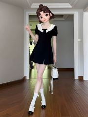 Butterfly knot + zipper V-neck black women's summer French Hepburn style petite waist short dress