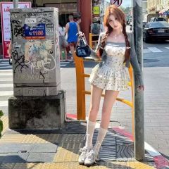 春夏季新款防曬甜辣碎花修身顯瘦氣質溫柔風吊帶連衣裙+開衫外套