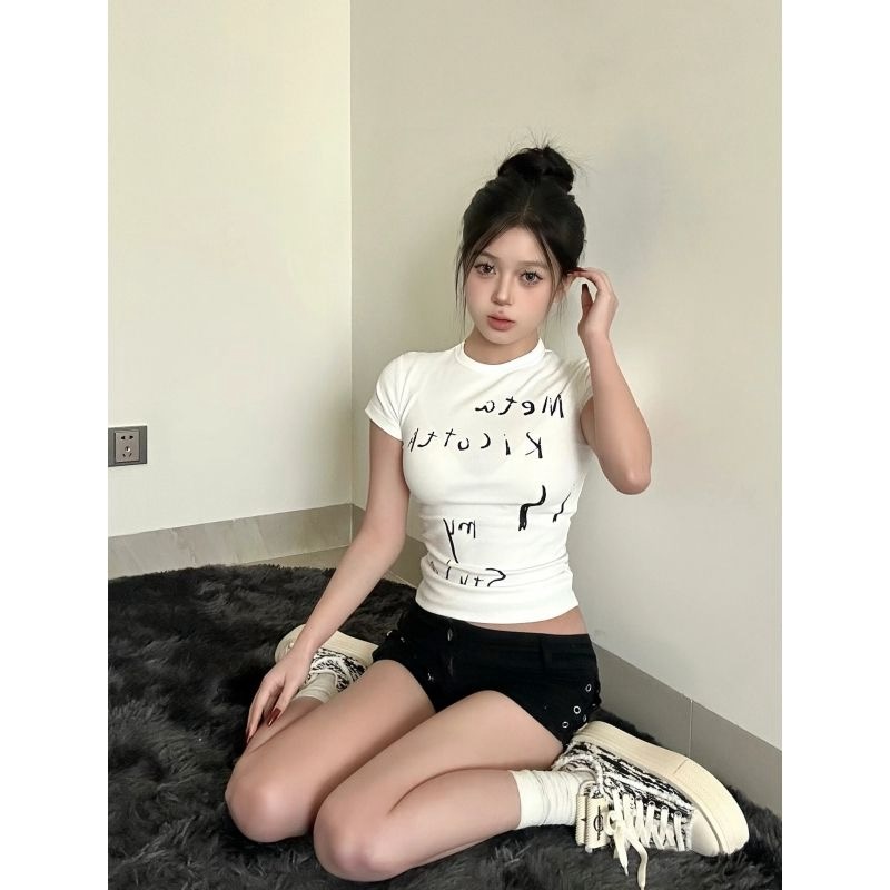 Shipped Pure Cotton 32-pin 95-cotton 5-spandex Letter Short Sleeve Slimming Top