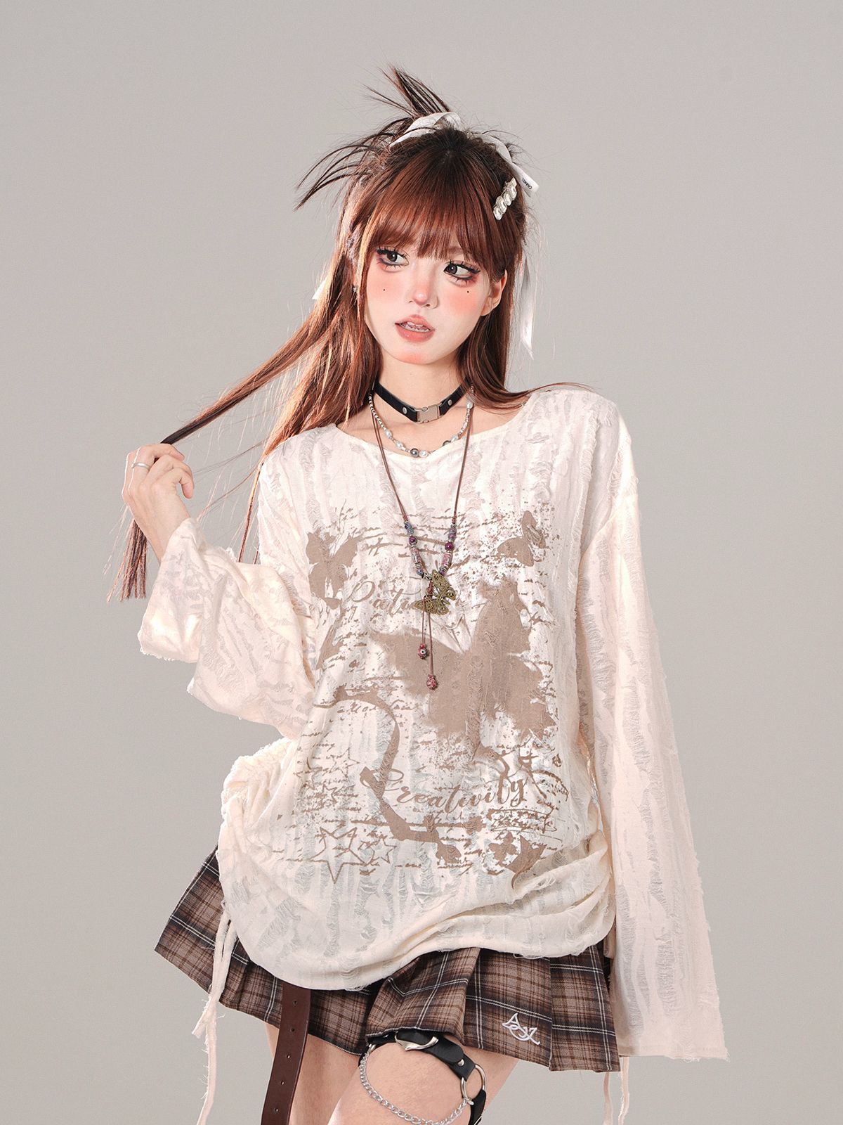 Wasteland style butterfly printed ripped blouse for women's autumn thin design lazy style loose long-sleeved T-shirt top