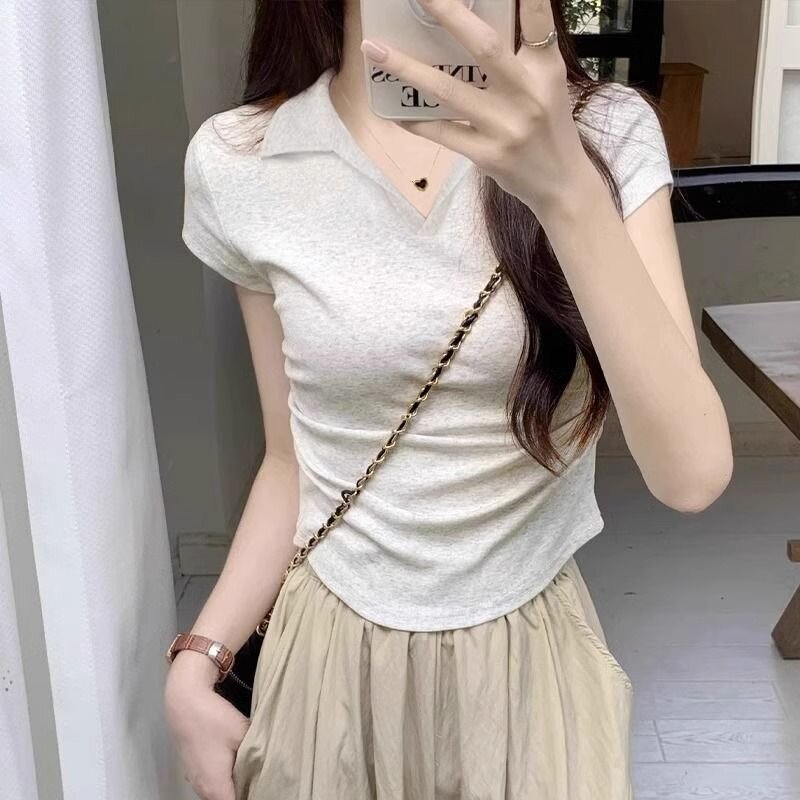 正肩短袖T恤女夏季純棉緊身褶皺顯瘦不規則設計感短款小個子上衣