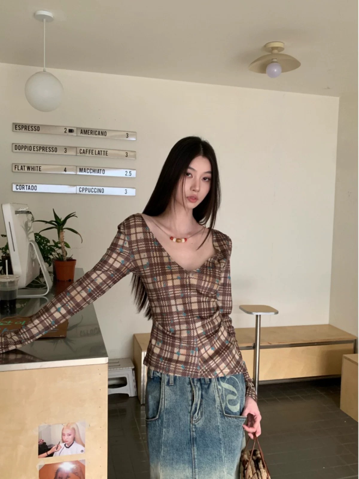 美式長袖t恤女格紋低領正反兩穿設計感獨特復古新款印花打底上衣