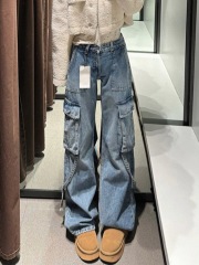 美式高街低腰工裝牛仔褲女秋季設計感多口袋寬鬆顯瘦直筒拖地褲子