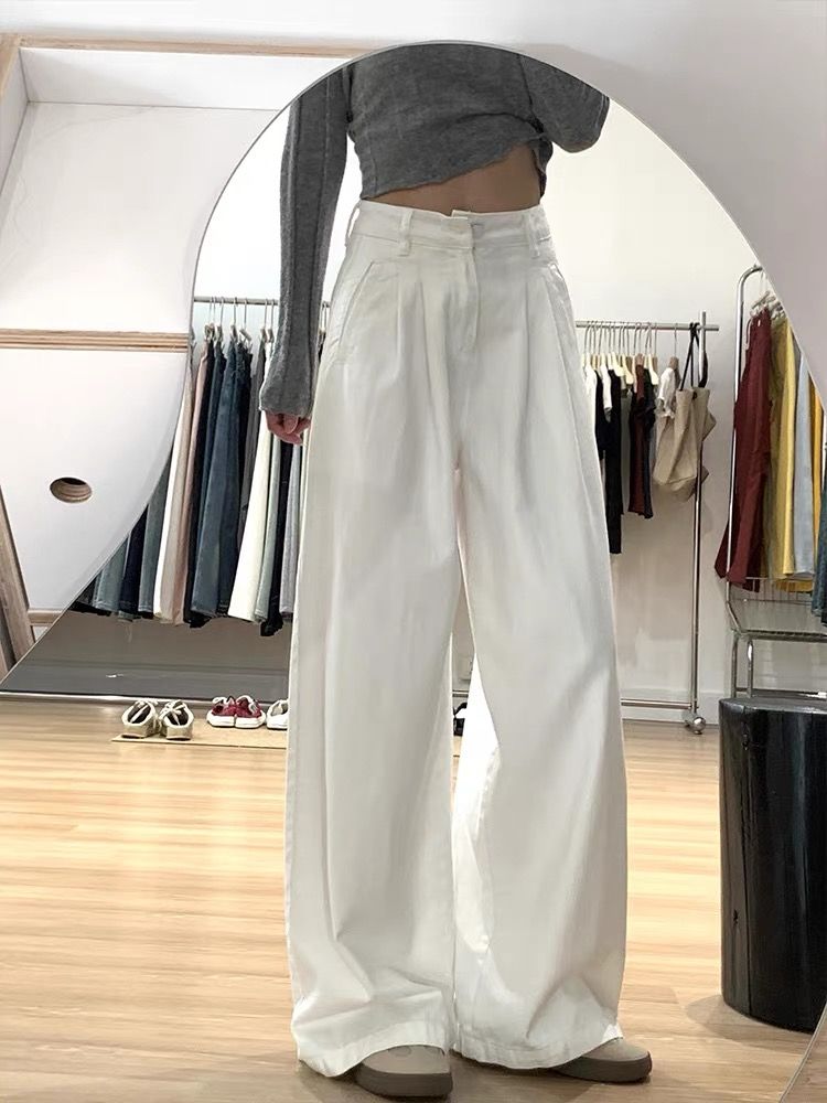 白色垂感透氣紋理直筒牛仔褲女春秋新款美式復古寬鬆闊腿拖地長褲