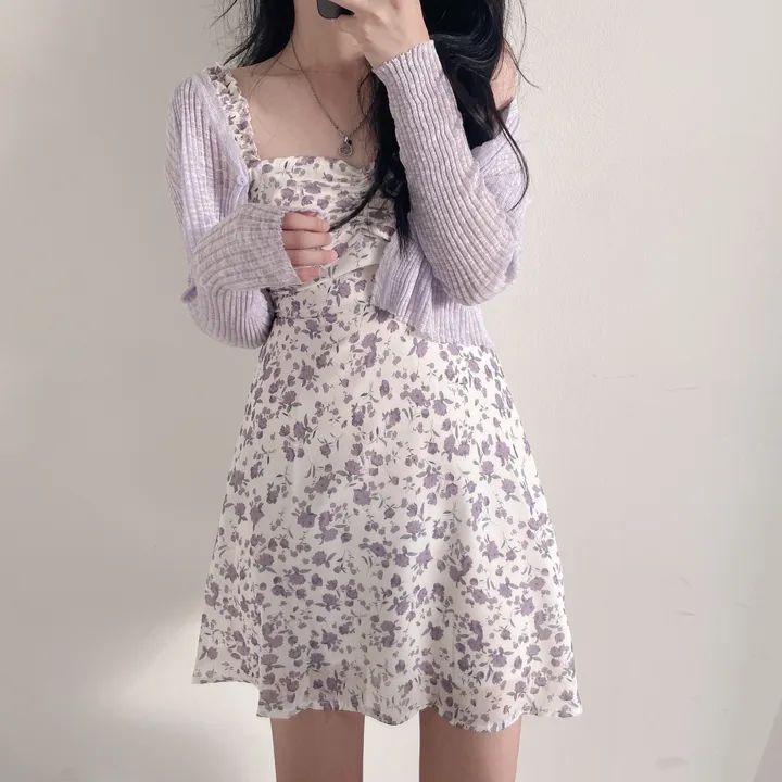 Korean chic French floral waist-hugging and gentle suspender dress + purple long-sleeved sunscreen knitted cardigan