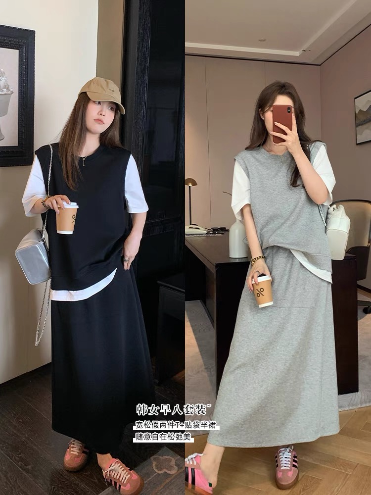 Large size summer new fake two-piece short-sleeved top half skirt fat mm Korean sports and casual suit for women