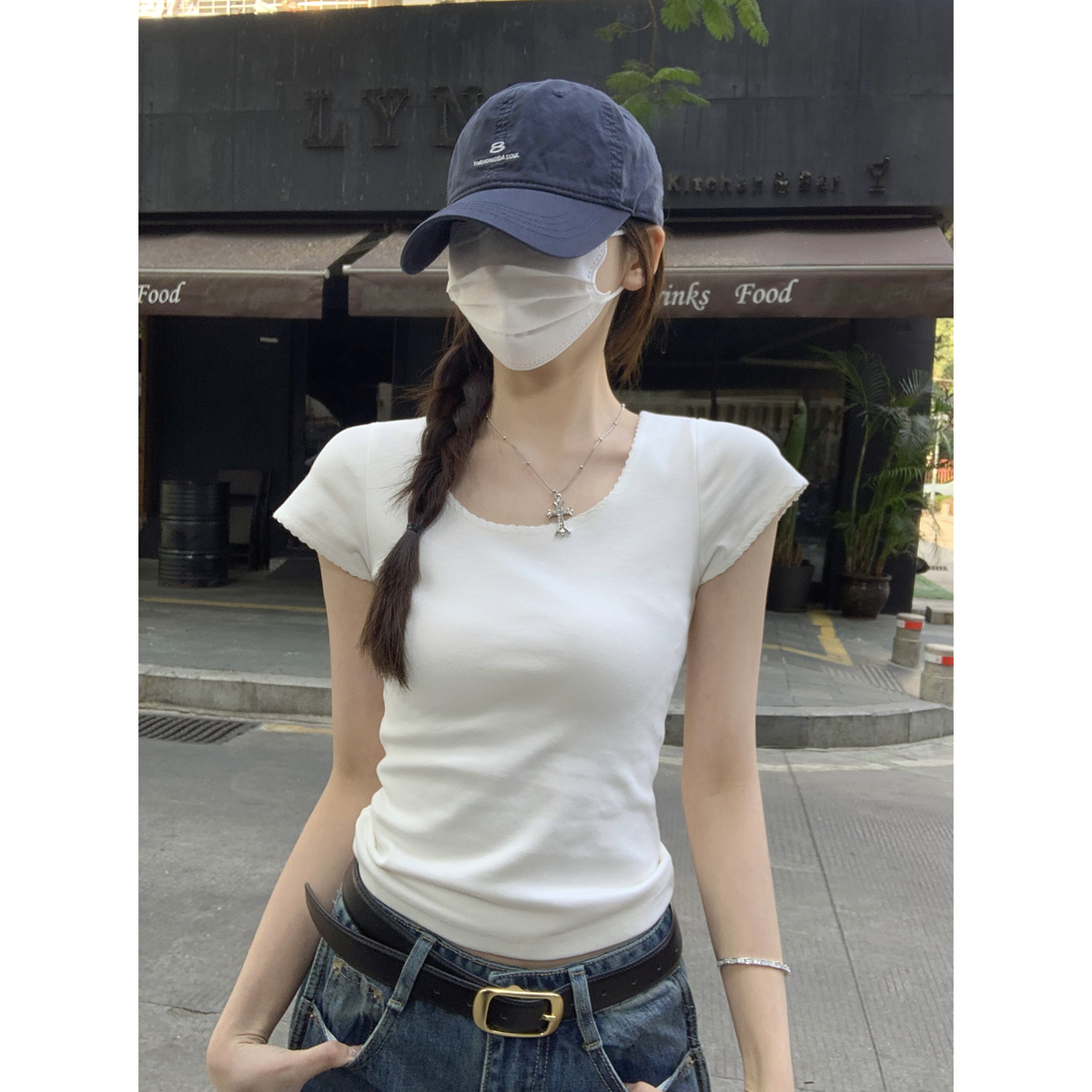 Real shot of spring and summer Korean style slim square collar simple and versatile 260g pure cotton short-sleeved T-shirt top for women