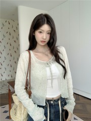 Real shot of new summer thin V-neck lace-up sunscreen long-sleeved cardigan for women