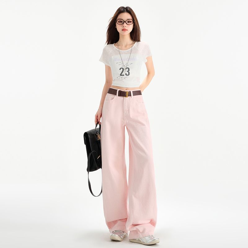 Real shot of 2025 spring fashion trend casual pants for women high waist drooping wide-leg pants