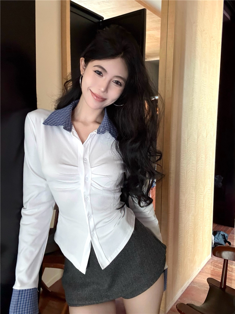 實拍~polo領長袖針織上衣2025早春新款百搭褶皺撞色格子T恤女