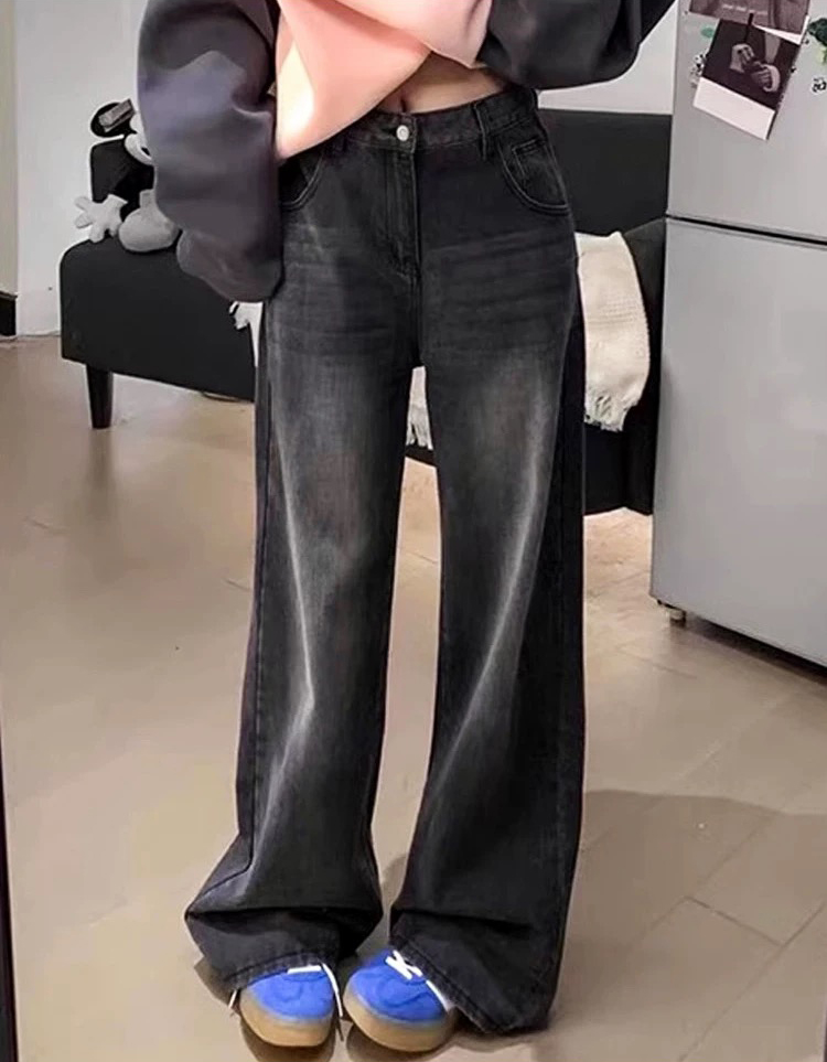 黑灰色直筒牛仔褲女春秋季新款寬鬆顯瘦百搭褲子闊腿褲復古潮