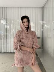 Real photo American fashion hooded denim pullover sweatshirt coat spring new loose design trendy top