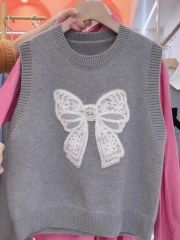 可愛減齡針織無袖毛衣馬甲背心女蝴蝶結刺繡百搭內搭秋冬襯衫疊穿