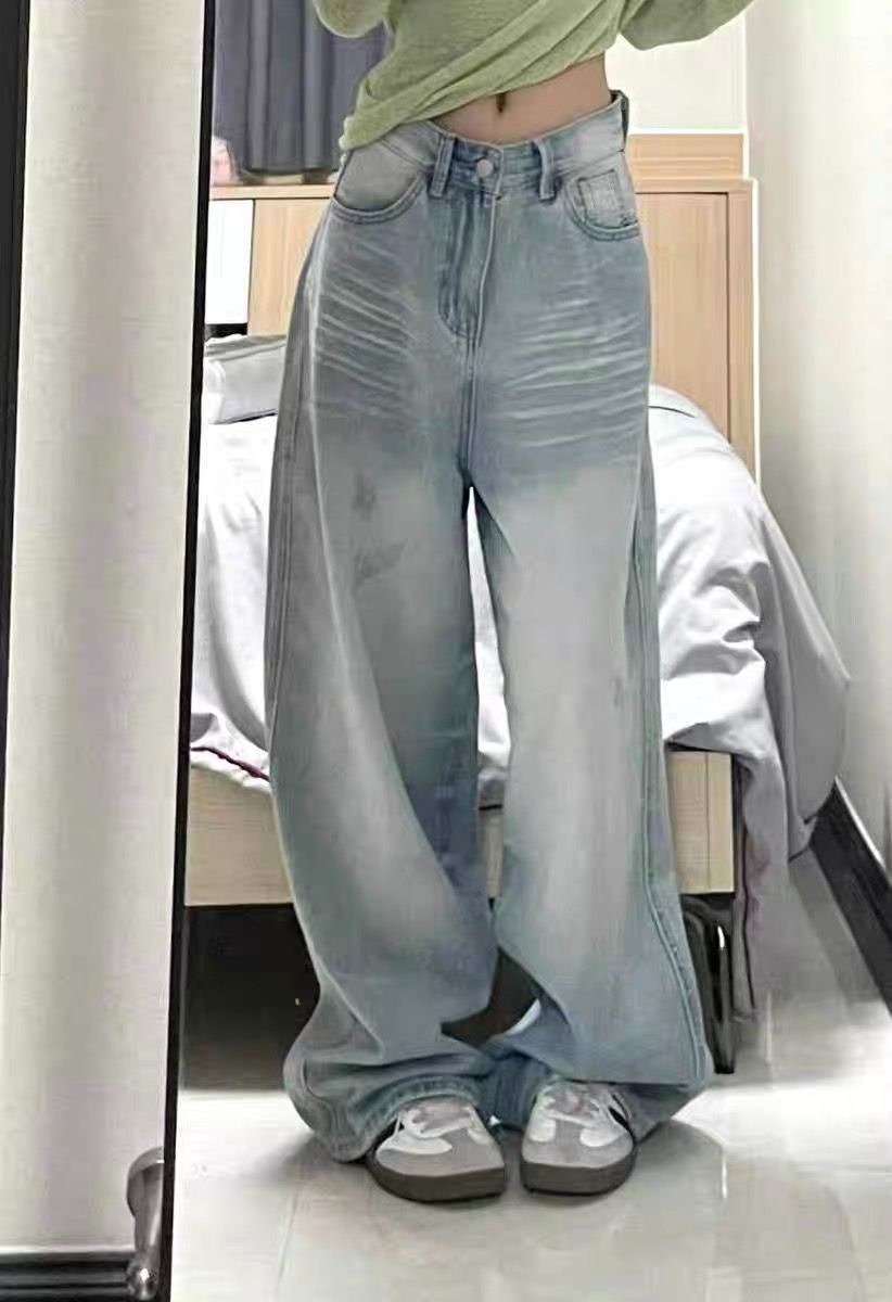 美式復古淺色水洗闊腿牛仔褲女春秋vibe風街頭辣妹直筒拖地長褲潮
