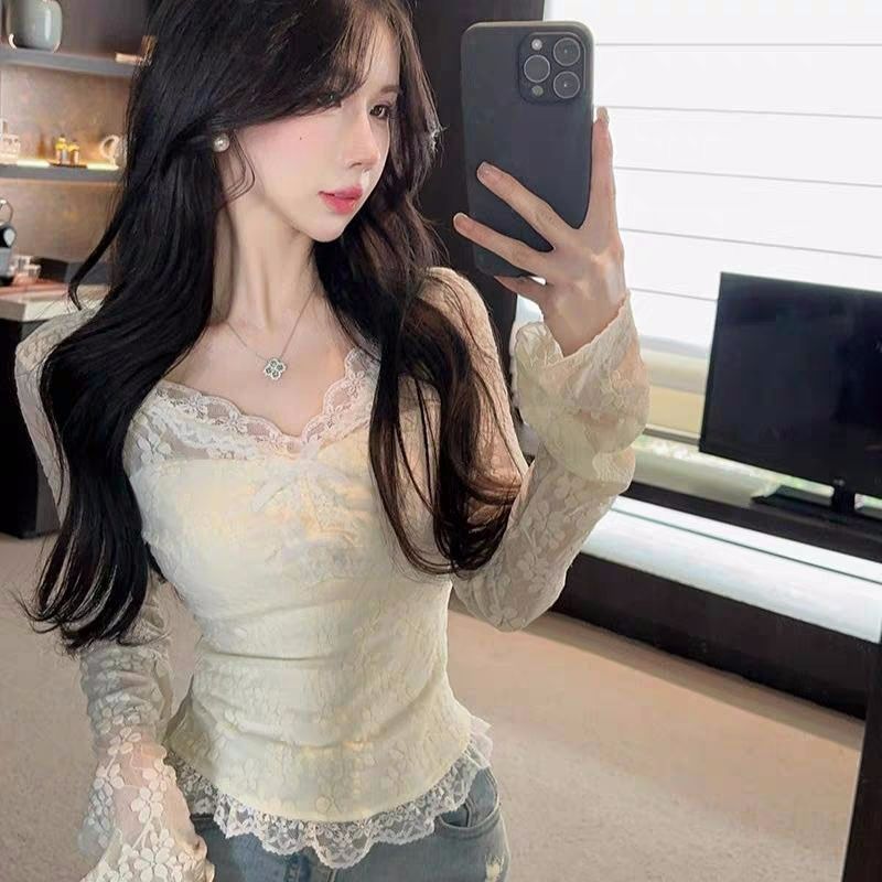 French pure style V-neck long-sleeved lace T-shirt base shirt slim hot girl sexy top for women