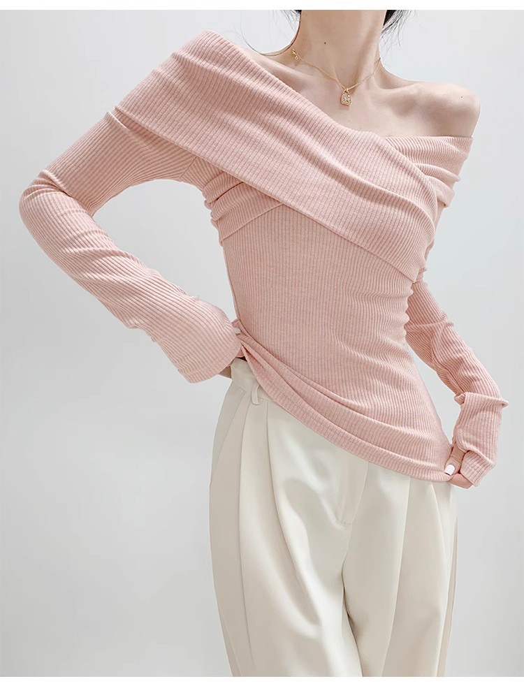 Girl-like one-shoulder long-sleeved shirt for women in autumn and winter, unique off-shoulder inner wear, unique commuter base shirt
