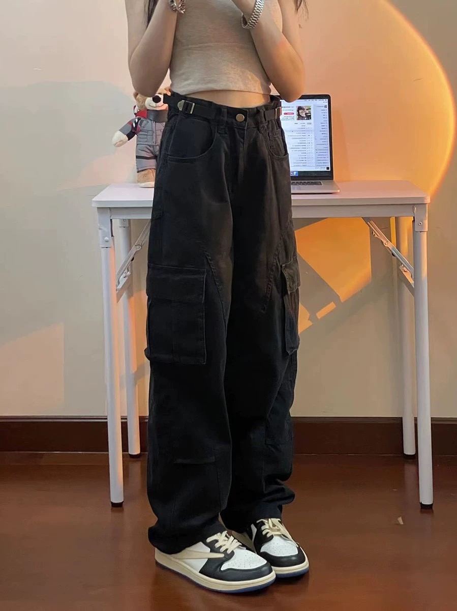 美式復古高街可調節腰帶黑色工裝褲女春季寬鬆直筒闊腿褲子潮