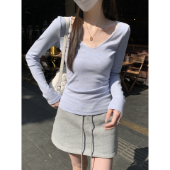 Real shot of spring Korean version of V-neck lace contrasting color striped temperament long sleeve cotton inner top T-shirt for women