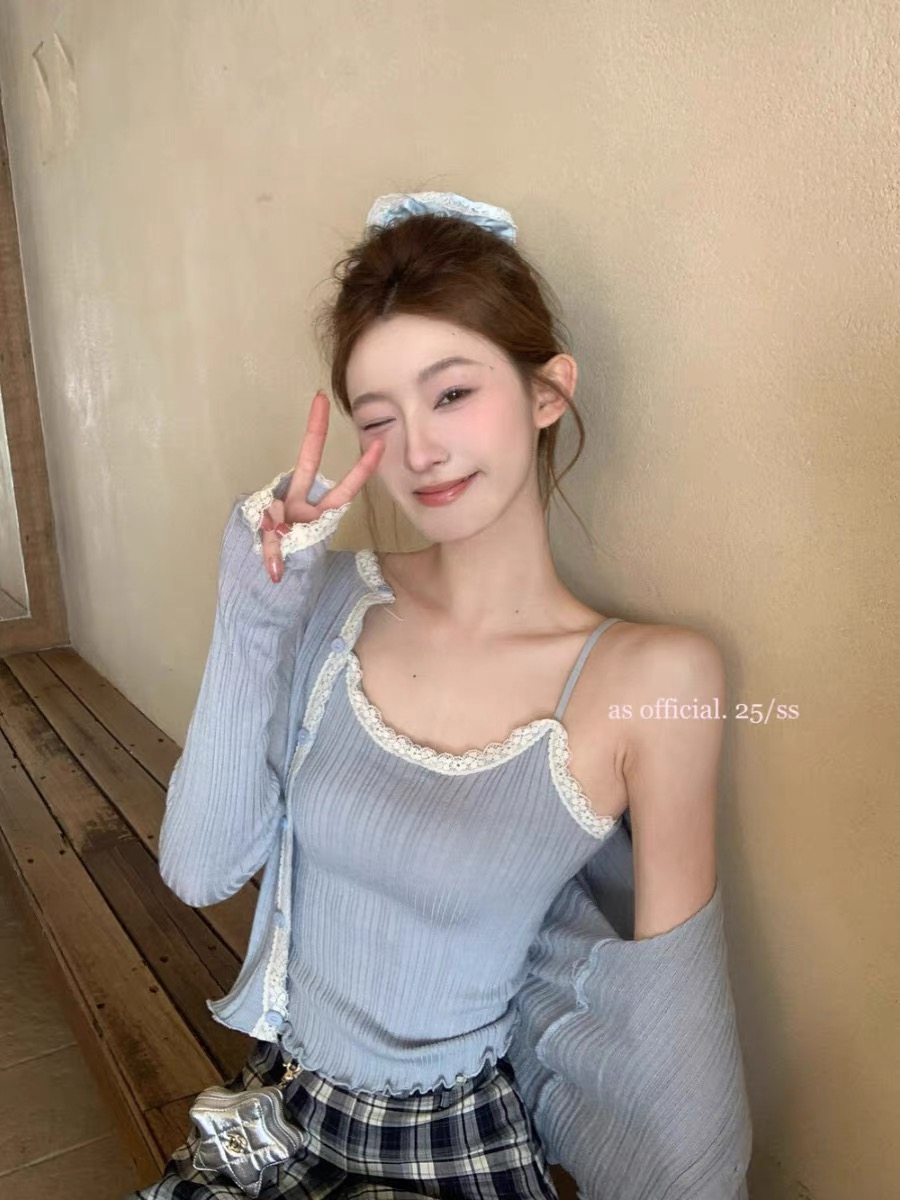 早春韓系蕾絲花邊拼接百搭吊帶針織開衫兩件套套裝女
