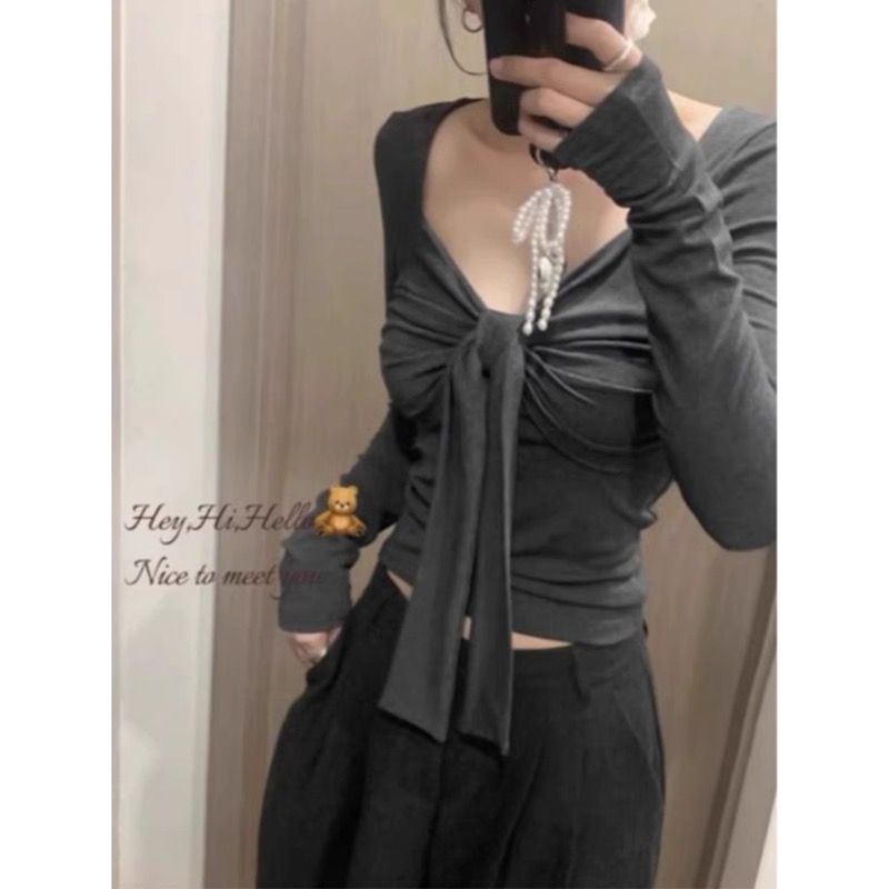 Official picture of men's cotton rib niche pleated French top design bow tie inner T-shirt