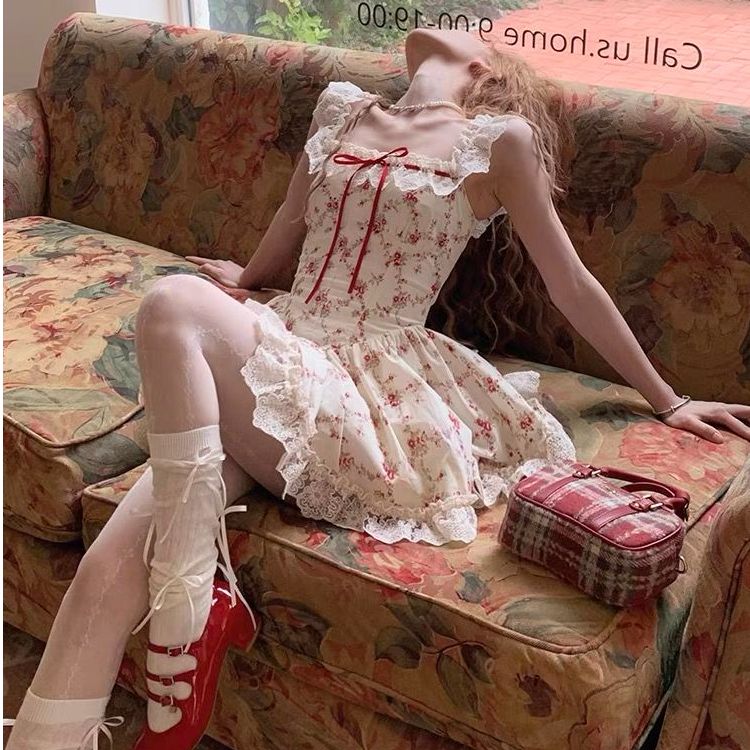 Rich roses, apricot pastoral floral French lace suspender dress, spring and summer