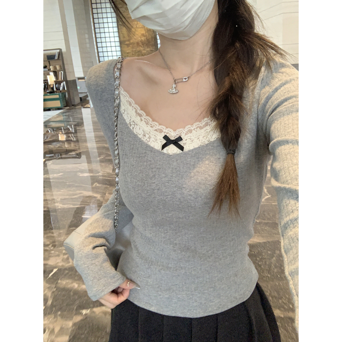 Real shot of 2025 early spring new square collar pure lace splicing sweet inner long-sleeved T-shirt top for women