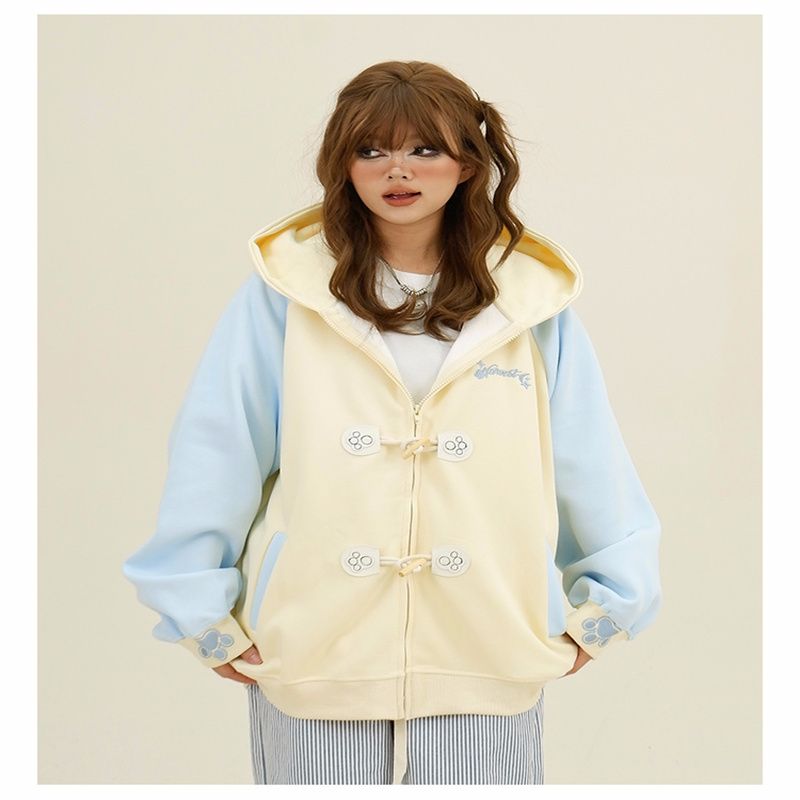 Imitation cotton-wool composite milk silk 310g cute cat ear hooded sweatshirt cardigan Japanese sweet cool jacket