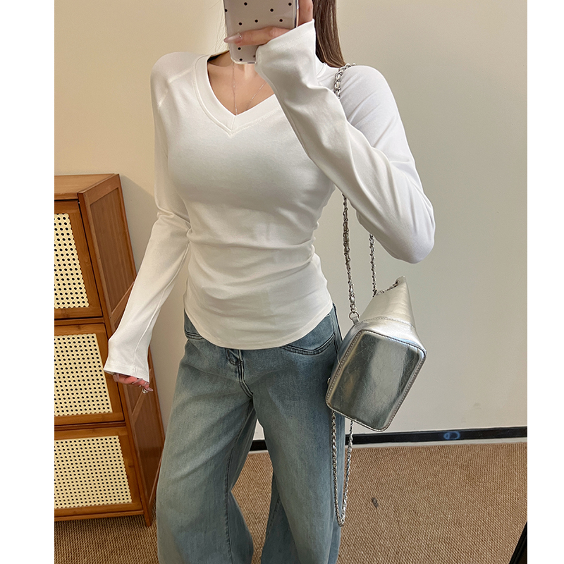 Real shot of V-neck front shoulder long sleeve T-shirt for women's spring clothes 2025 new waist-hugging slim fit slim base shirt for women
