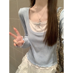 Real shot of spring Korean version of square neck contrasting colored black ears fake two pure desire design long-sleeved base shirt T-shirt