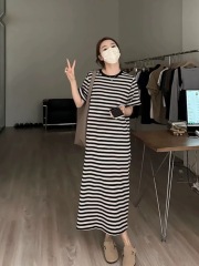 2025夏季小眾設計條紋套頭毛衣連衣裙直筒寬鬆顯瘦鬆軟針織長裙