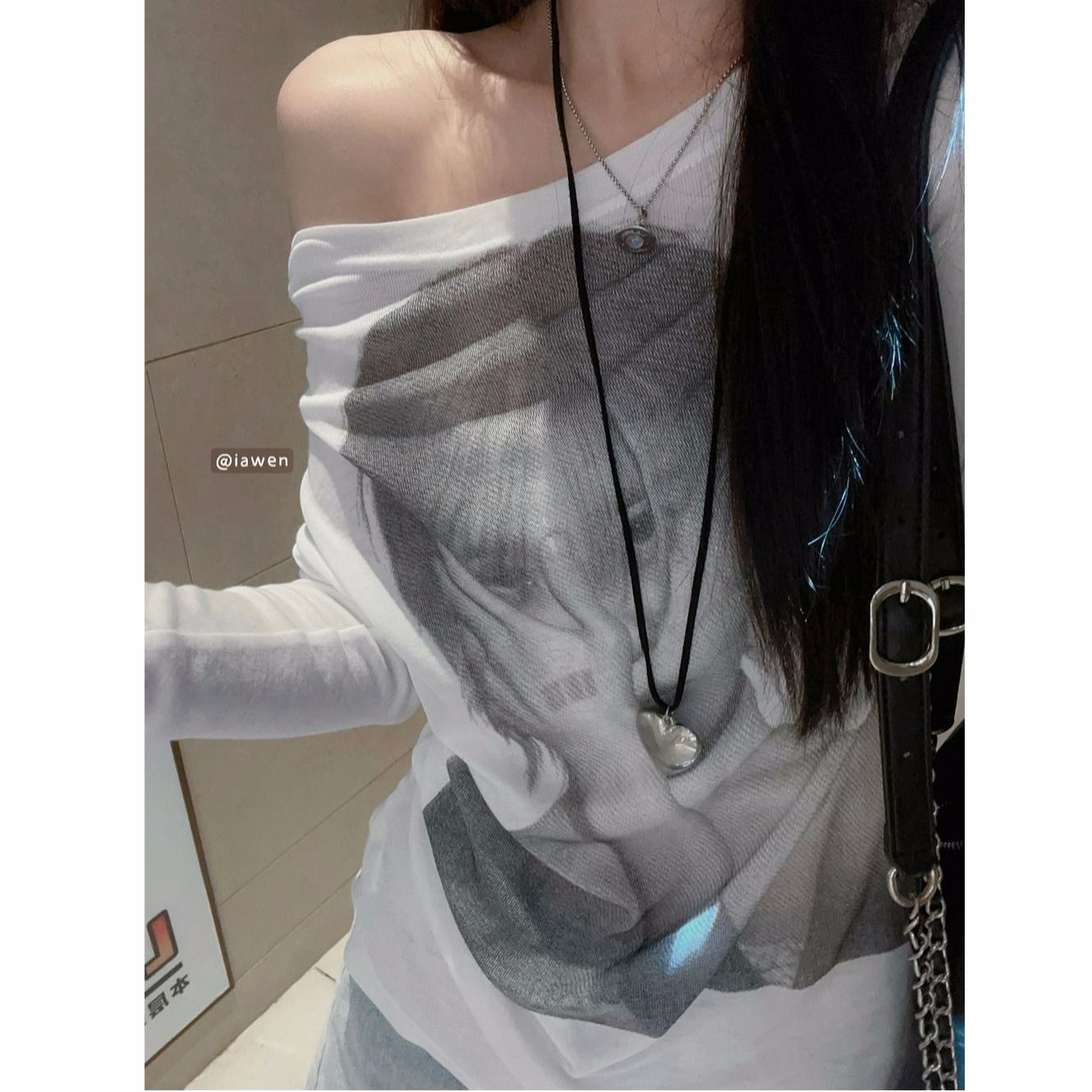 Tianshi thread printed long-sleeved sunscreen T-shirt for women with autumn one-length neck off-shoulder thin shirt loose casual top