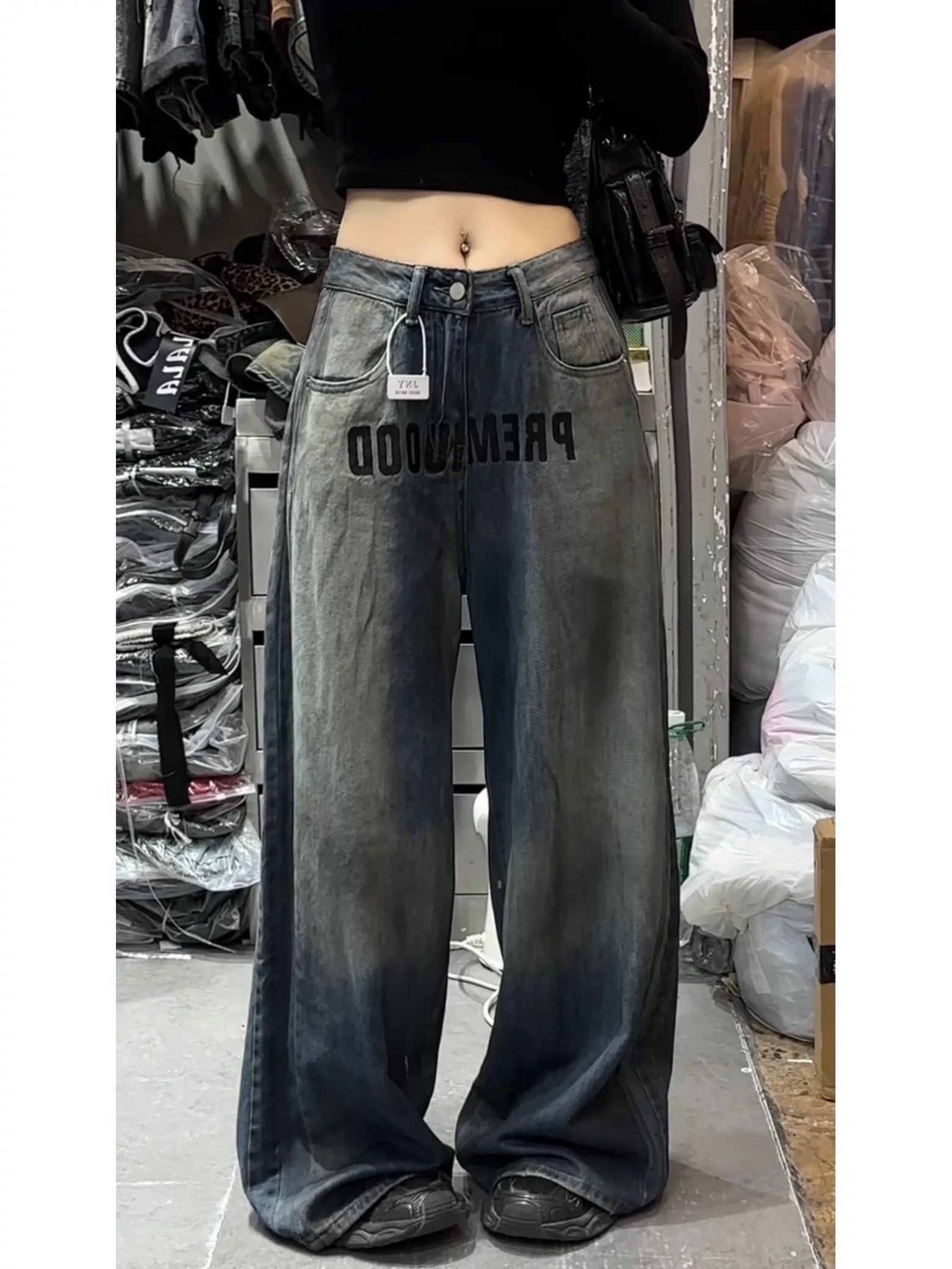 美式復古刺繡做污闊腿牛仔褲女春秋廢土風街頭做舊直筒拖地長褲子