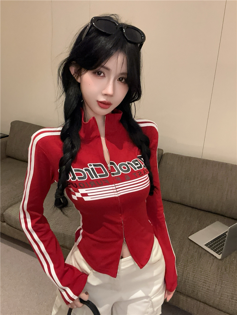 實拍~2025早春新款美式印花立領設計感收腰顯瘦雙拉鏈短外套