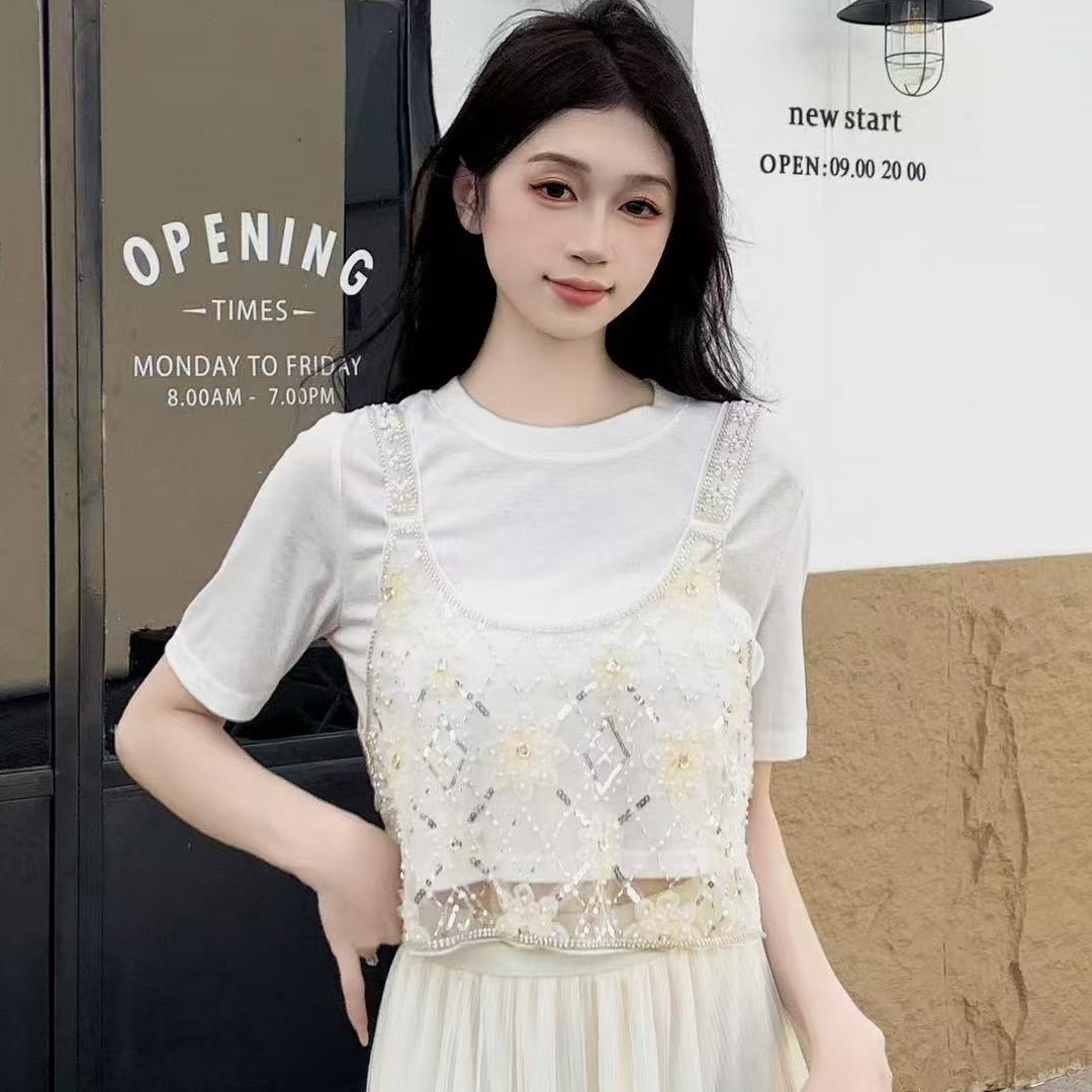 2025法式重工釘珠鏤空疊穿吊帶背心女夏季設計感小眾洋氣時尚短款