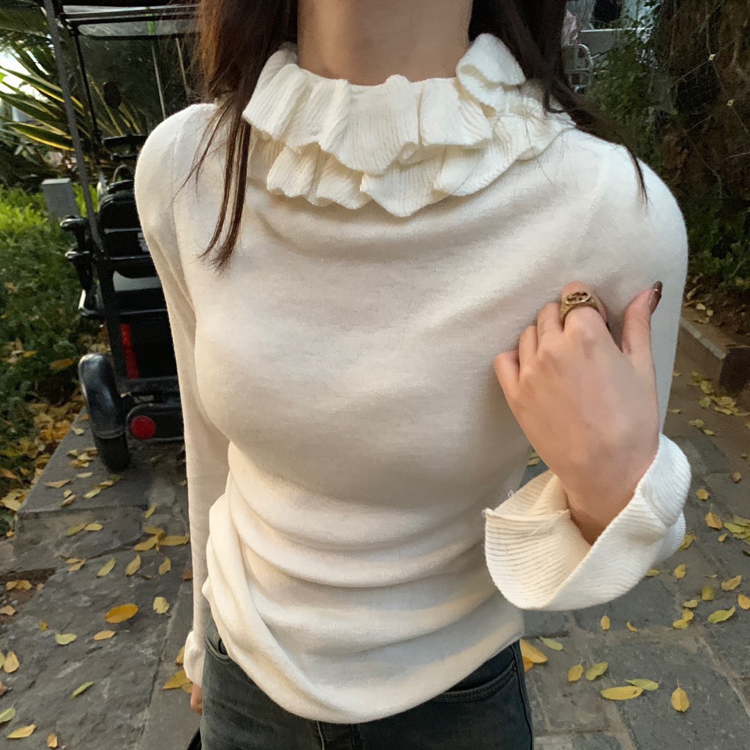 春季新款洋氣木耳邊打底衫立領女裝內搭毛衣長袖針織打底衫