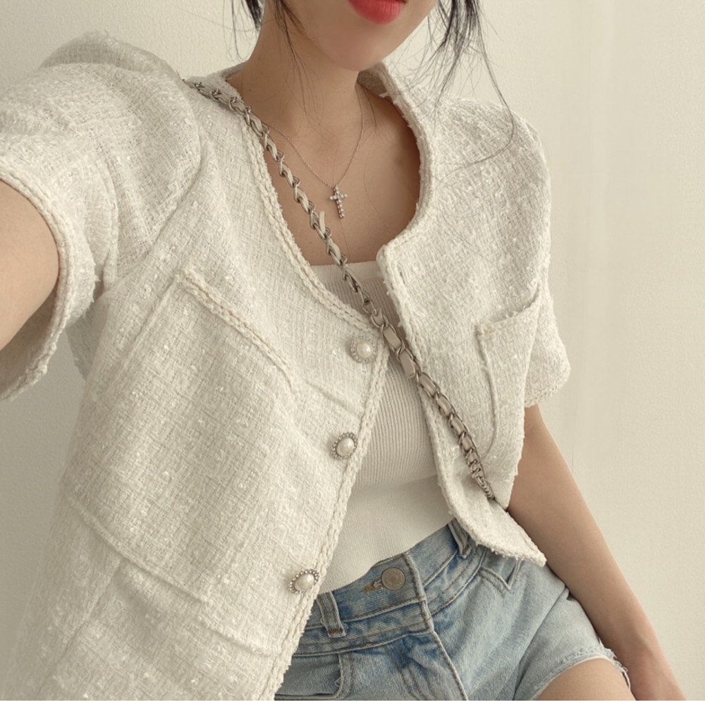 韓國chic夏秋法式小眾小香風珍珠扣圓領粗花呢短袖開衫外套上衣女