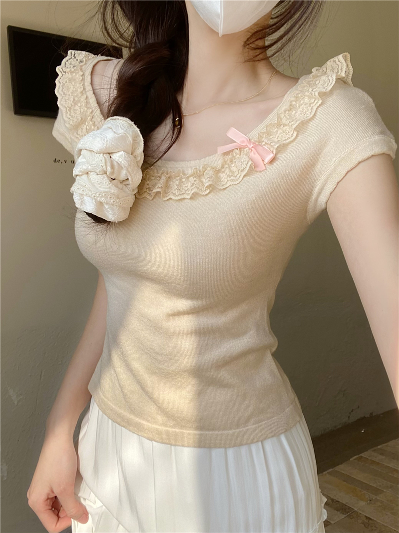 Real shot, cute feast, French style full-hair water-soluble lace top