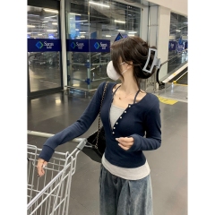 Real shot of early spring Korean style slim fake two-piece contrasting color pure desire button design long-sleeved base T-shirt top