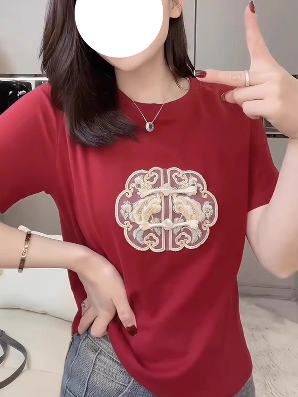 刺繡40支92棉8氨綸210克200斤大碼新中式百搭國風T恤