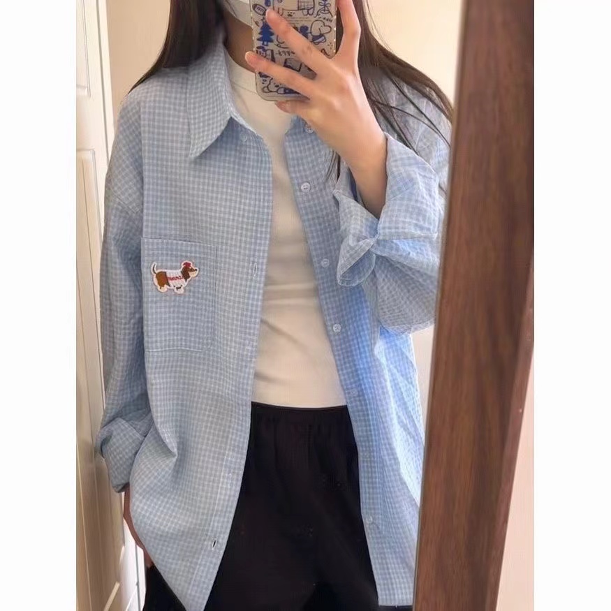 Dachshund dog embroidered plaid shirt for women 2025 spring and autumn new couple loose versatile niche layered top jacket