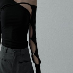 Official picture Off-shoulder slanted neck long-sleeved T-shirt niche design slim and versatile short top