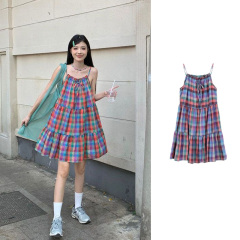 多巴胺穿搭格子吊帶連衣裙女夏季木耳邊拼接A字裙短裙子