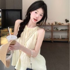 溫柔風掛脖無袖襯衫女夏季法式甜美褶皺吊帶背心設計感露肩上衣薄